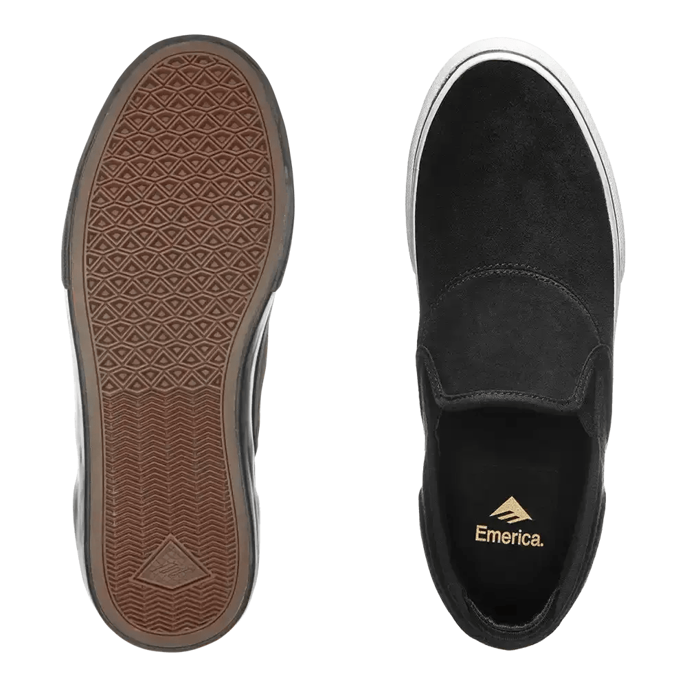 Wino G6 Slip-On - Black/White/Gold Skate Shoes | Emerica CA Low-Top Vulcanized Emerica Skate Durable Skateboarding Skater Shoes