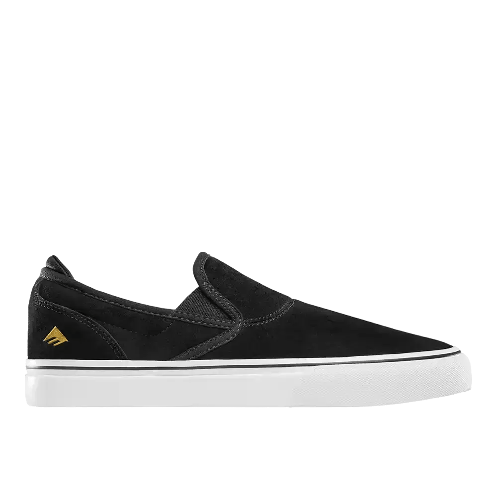 Emerica Wino G6 Slip-On in Black, White, and Gold, a hardcore vulcanized skate shoe.